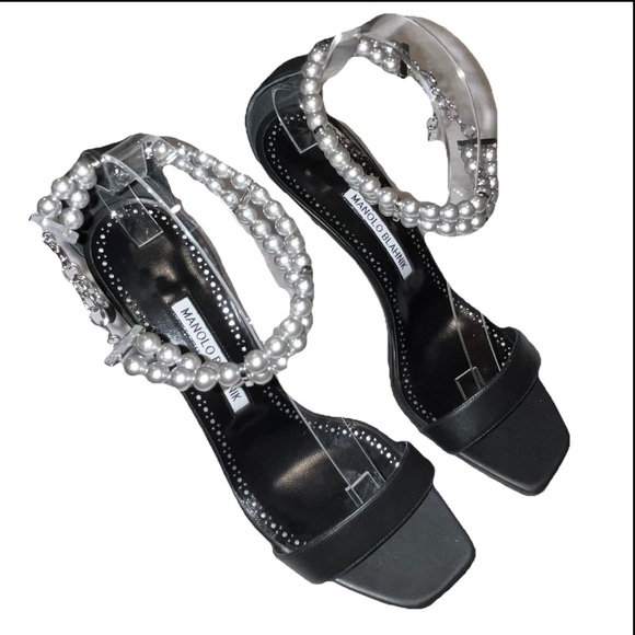 MANOLO BLAHNIK Charona Sandals black EU 38.5 105 Faux-Pearl heels open toe NWOT - Picture 5 of 12